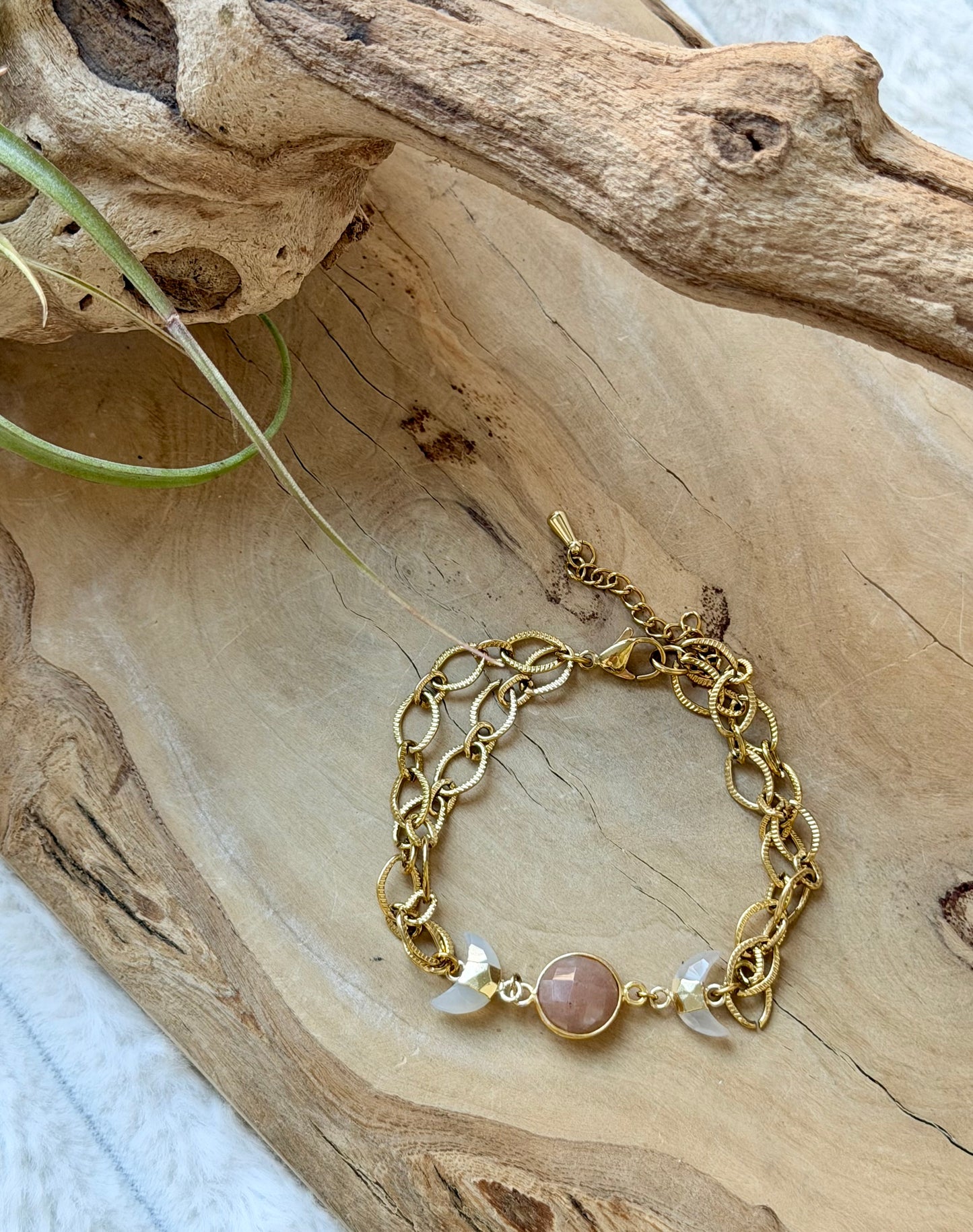 Peach Moonstone + Chalcedony Gold Moon Bracelet