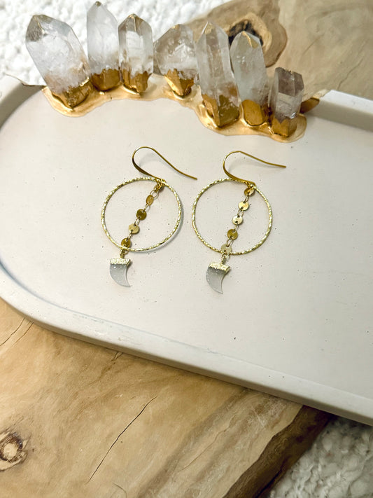 White Druzy Agate + Gold Circle Earrings