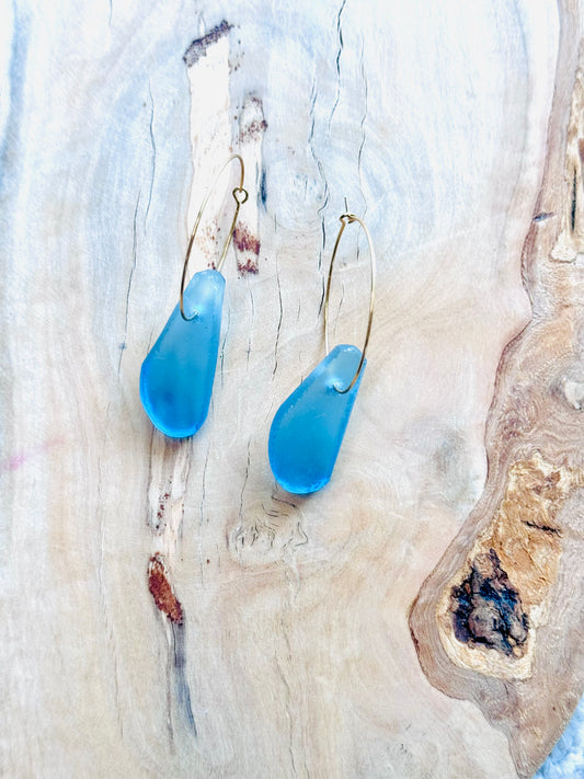 Light Blue Sea Glass + Gold Hoop Earrings