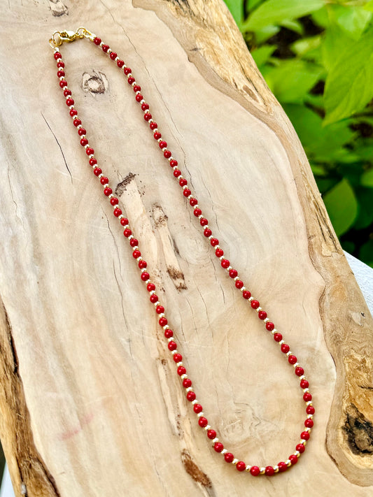 Red Coral + Gold Beaded Necklace