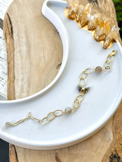 Moonstone + Smokey Quartz Gold Gemstone Moon Bracelet