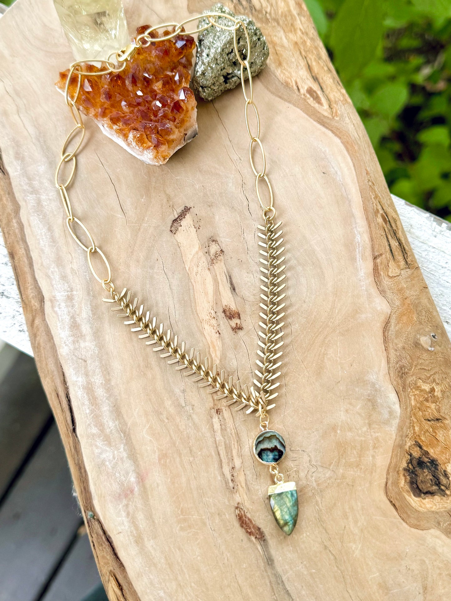 Abalone + Labradorite Matte Gold Fishbone Necklace