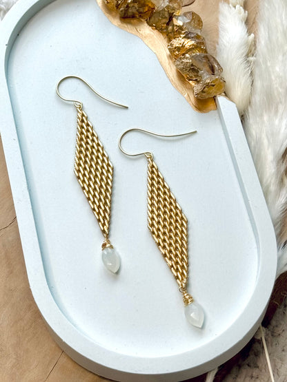 White Moonstone + Matte Gold Mesh Earrings