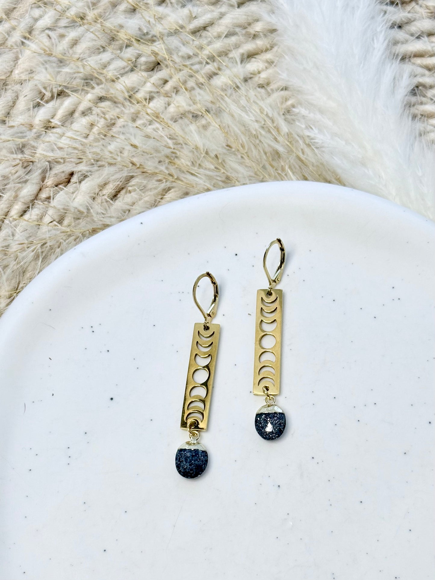 Black Sunstone + Gold Moon Phases Earrings