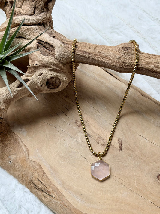 Rose Quartz + Gold Stainless Steel Necklace