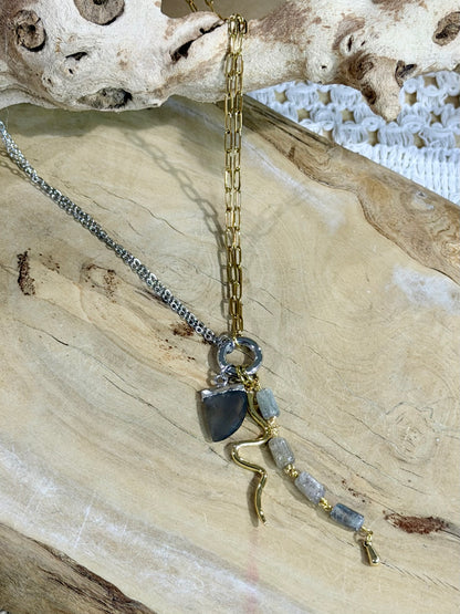 Gray Moonstone + Labradorite Mixed Metal Carabiner Charm Necklace