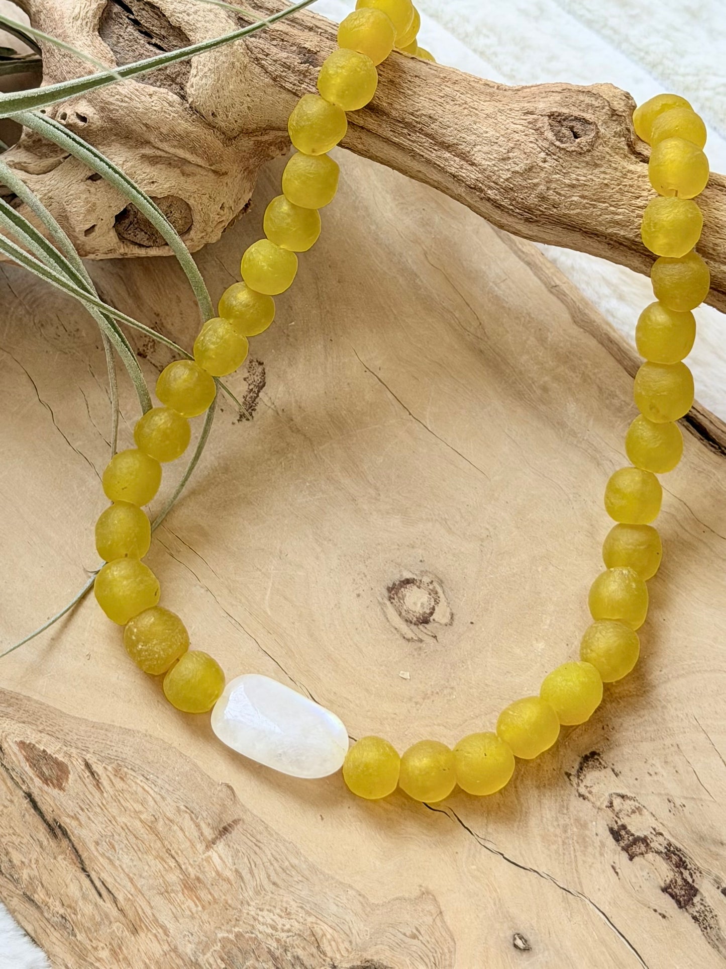 Rainbow Moonstone + Yellow African Glass Chunky Necklace
