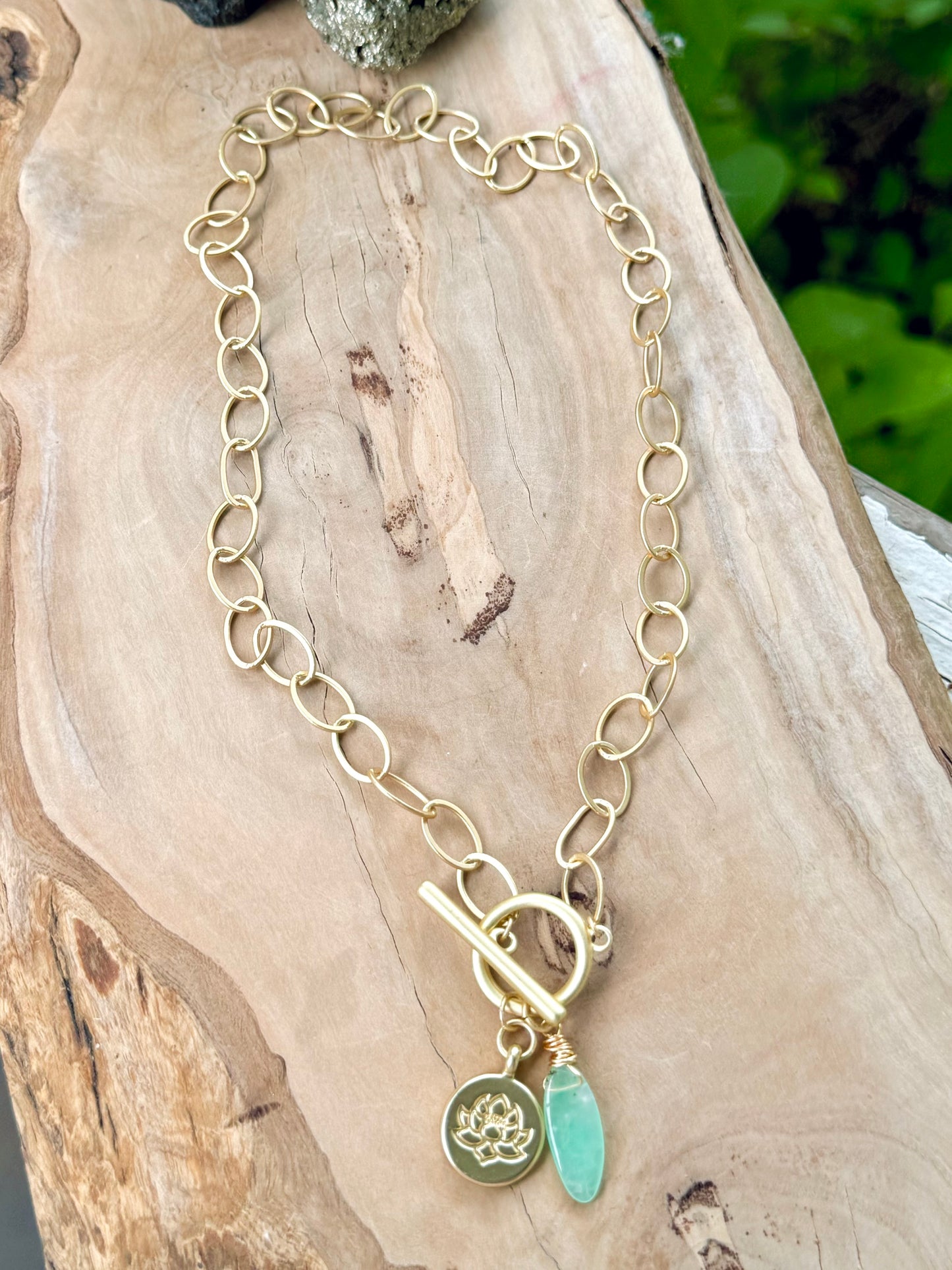 Chrysoprase + Matte Gold Charm Toggle Necklace