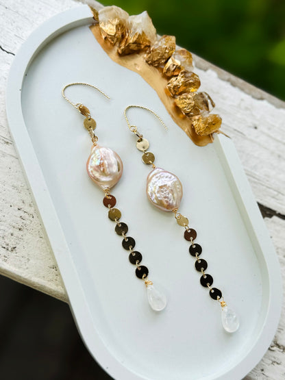 Freshwater Pearl + Moonstone Gold Drop Earrings