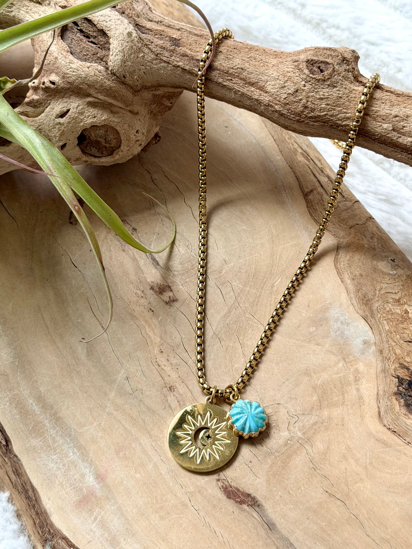 Turquoise + Gold Moon and Star Pendant Necklace