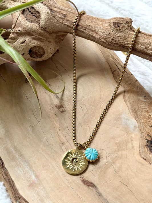 Turquoise + Gold Moon and Star Pendant Necklace
