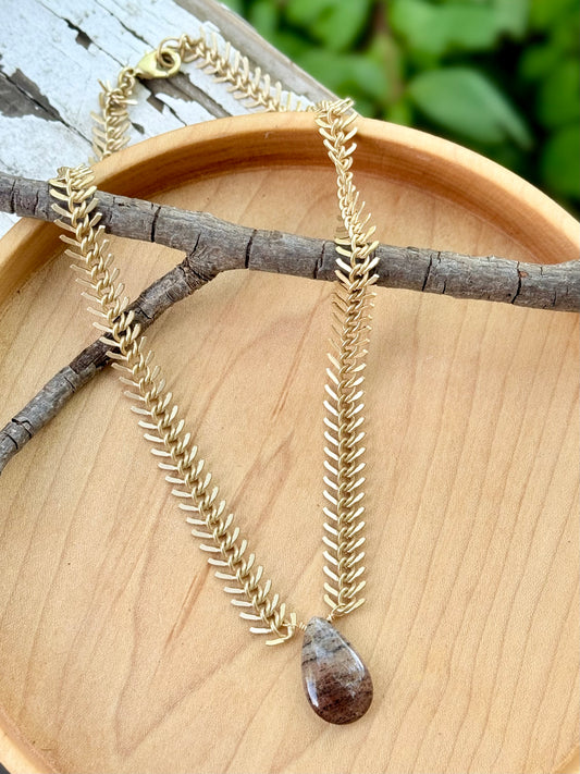 Moss Agate + Matte Gold Fishbone Chain Necklace