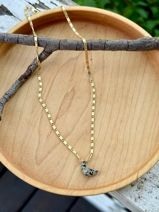 Dalmatian Jasper + Matte Gold Moon Necklace