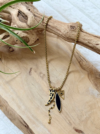 Leopard + Onyx Gold Stainless Steel Necklace