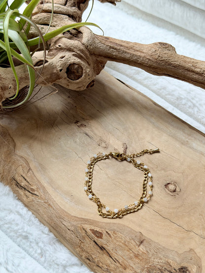 Rainbow Moonstone + Gold Stainless Steel Skinny Duet Bracelet