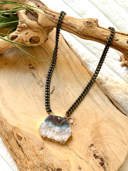 Amethyst Slice + Antique Brass Necklace
