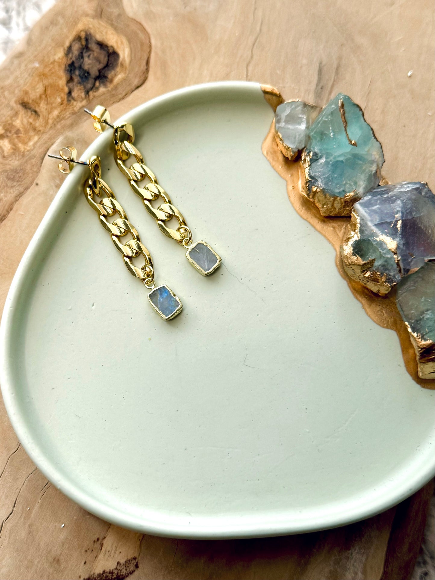 Rainbow Moonstone + Gold Curb Chain Earrings