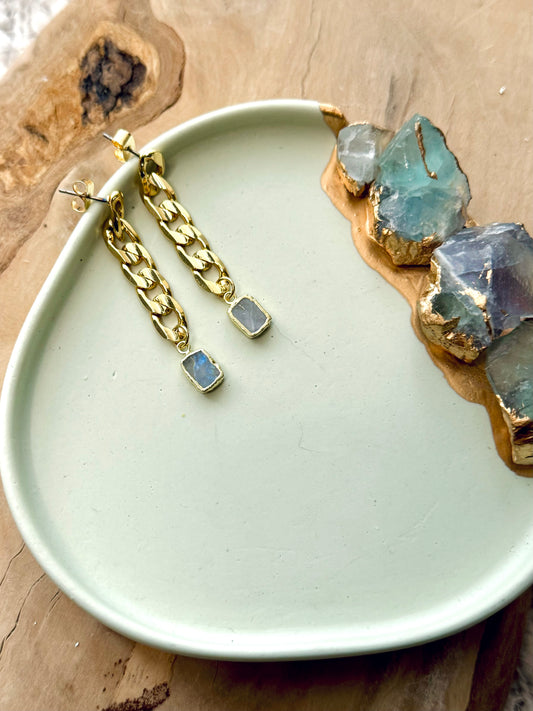 Rainbow Moonstone + Gold Curb Chain Earrings