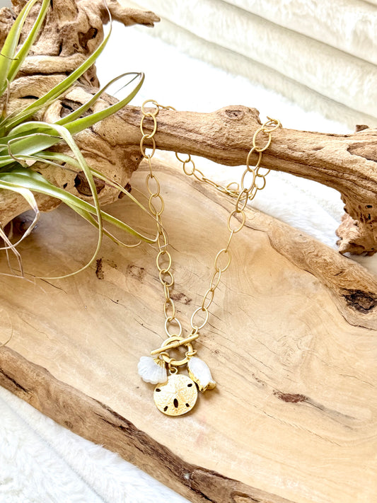 Rainbow Moonstone Shell + Gold Toggle Necklace