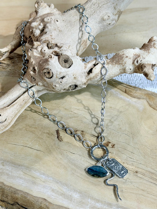 Labradorite Evil Eye + Silver Carabiner Charm Necklace