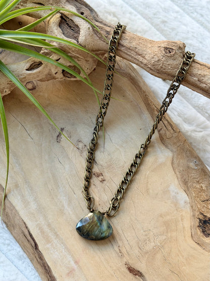 Labradorite Triangle Pendant + Antique Brass Necklace