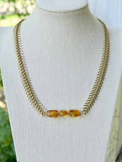 Amber + Matte Gold Fishbone Chain Necklace