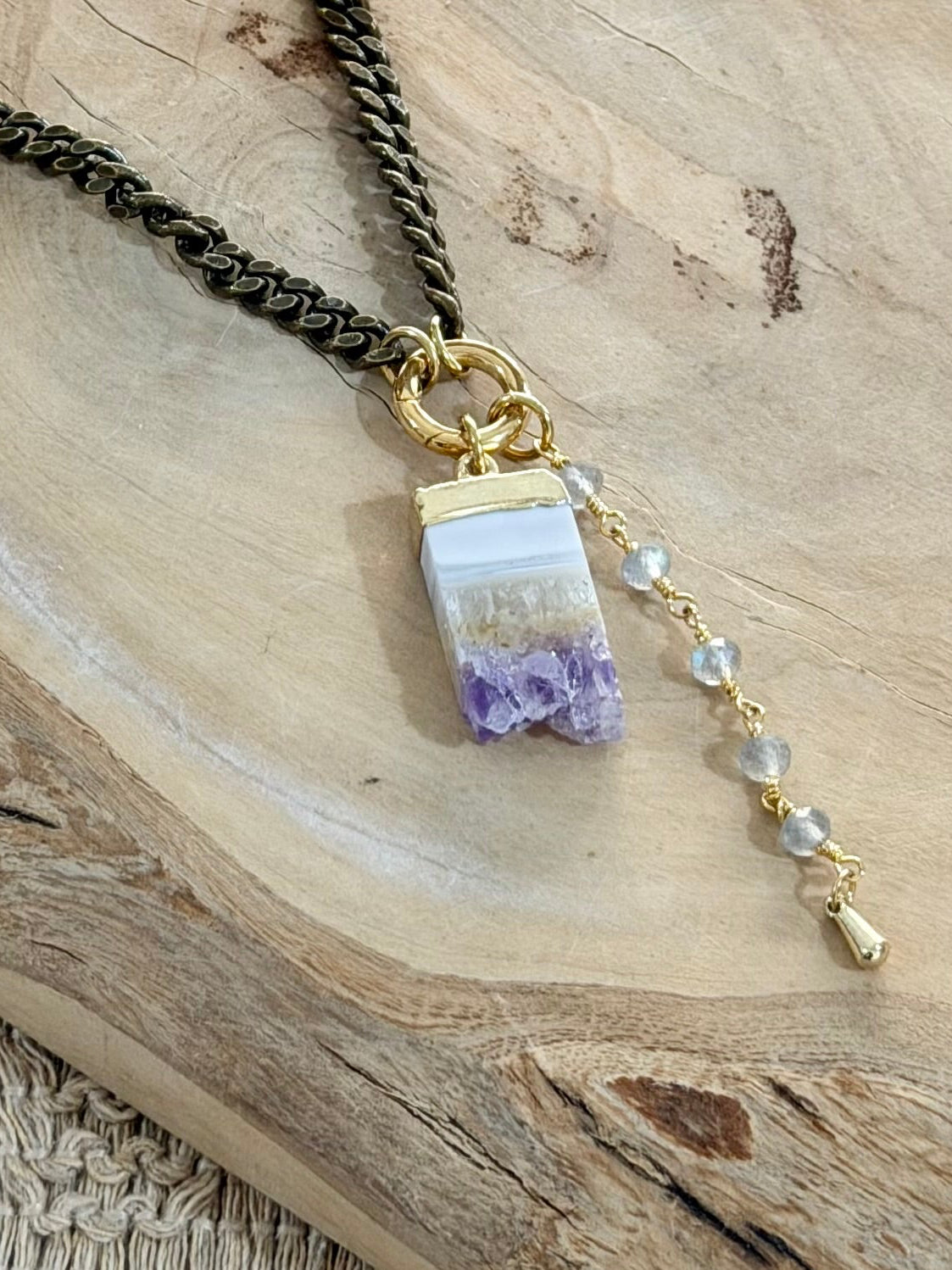 Amethyst Stalactite + Labradorite Antique Brass Necklace