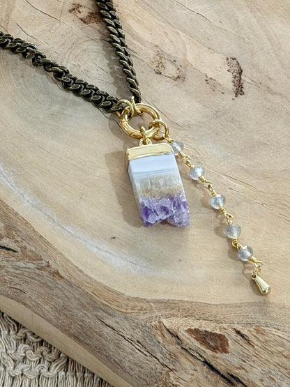 Amethyst Stalactite + Labradorite Antique Brass Necklace