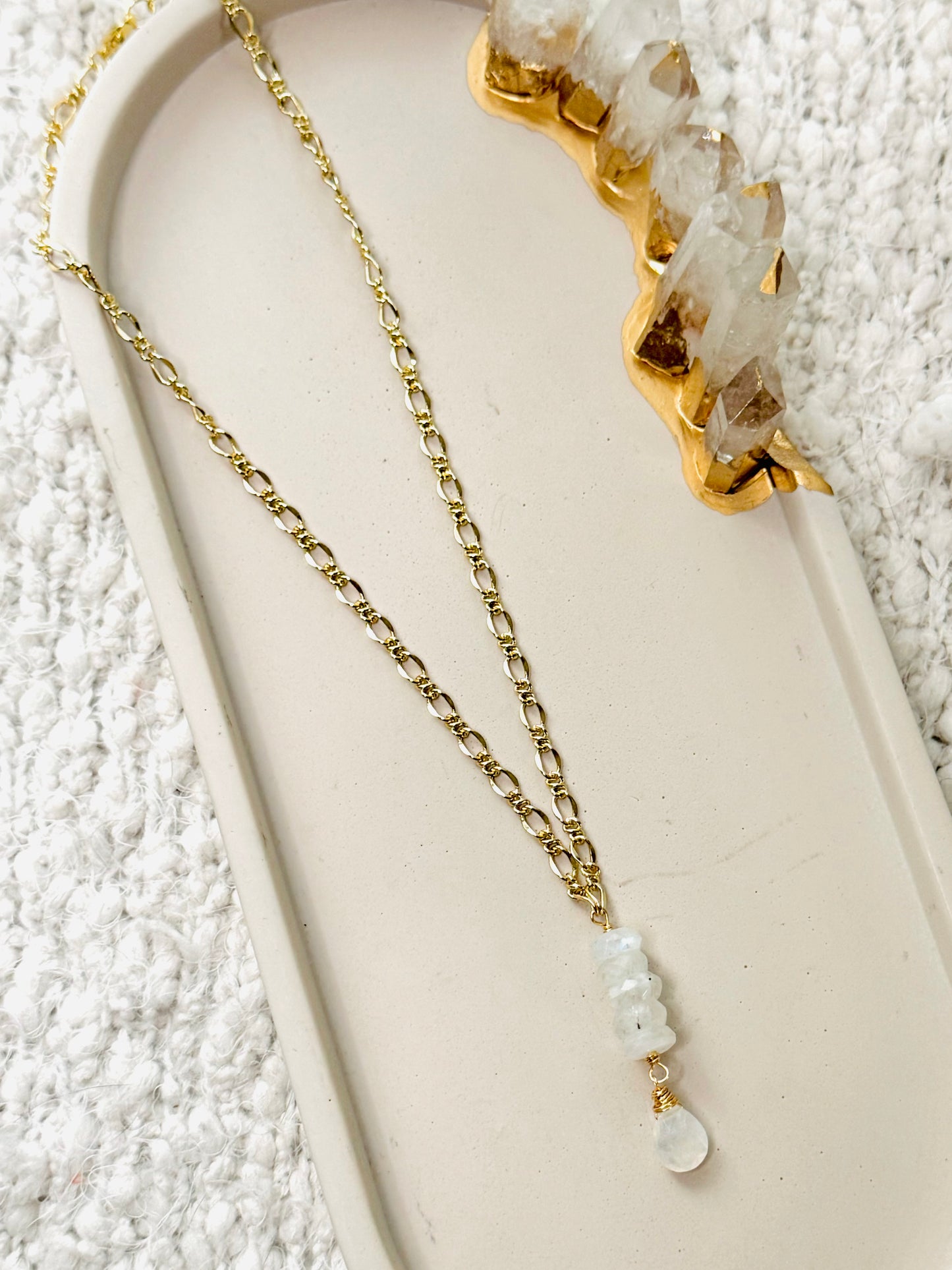 Rainbow Moonstone + Gold Lariat Necklace