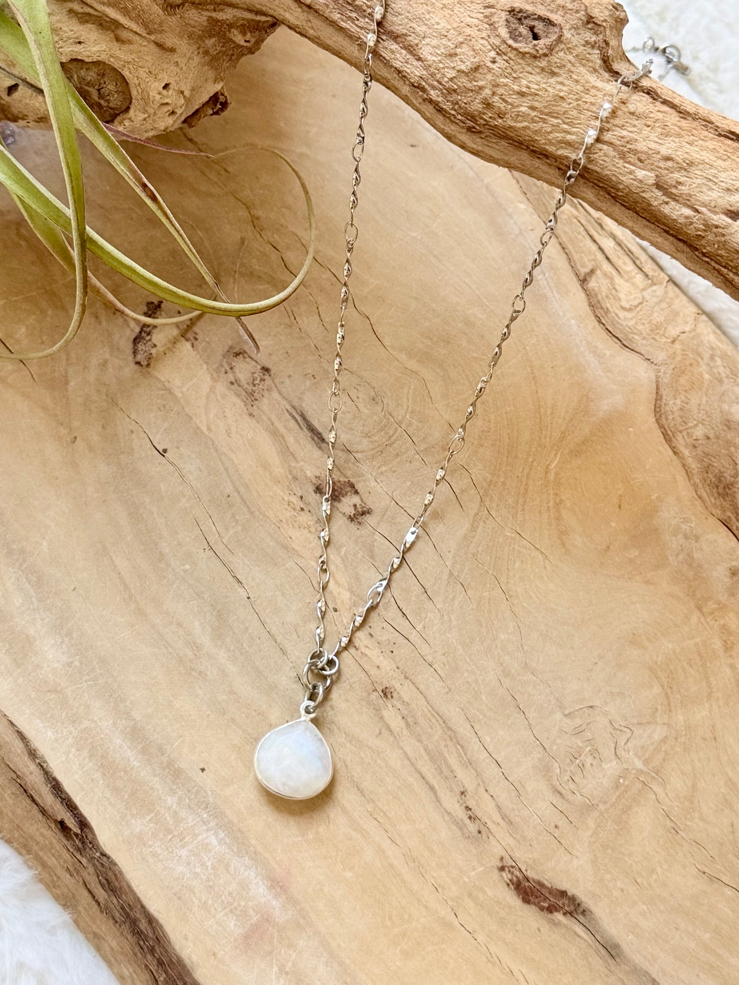 Rainbow Moonstone + Silver Stainless Steel Necklace