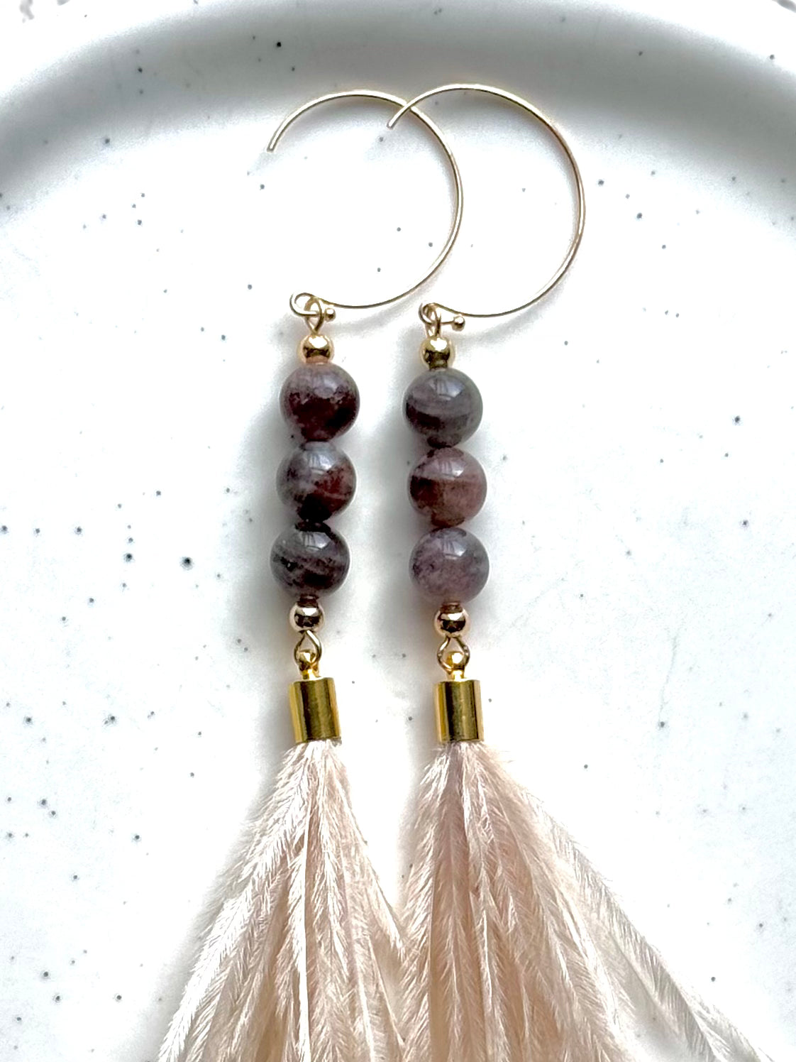 Chocolate Moonstone + Gold Blonde Feather Earrings