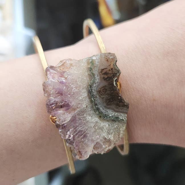 Wire Wrapped Amethyst Druzy and Brass Cuff Bracelet