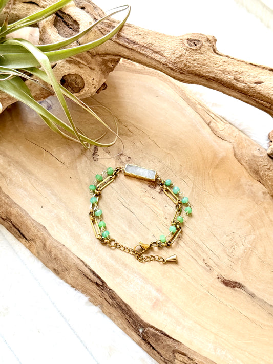 Rainbow Moonstone + Chrysoprase Duet Bracelet in Gold Stainless Steel