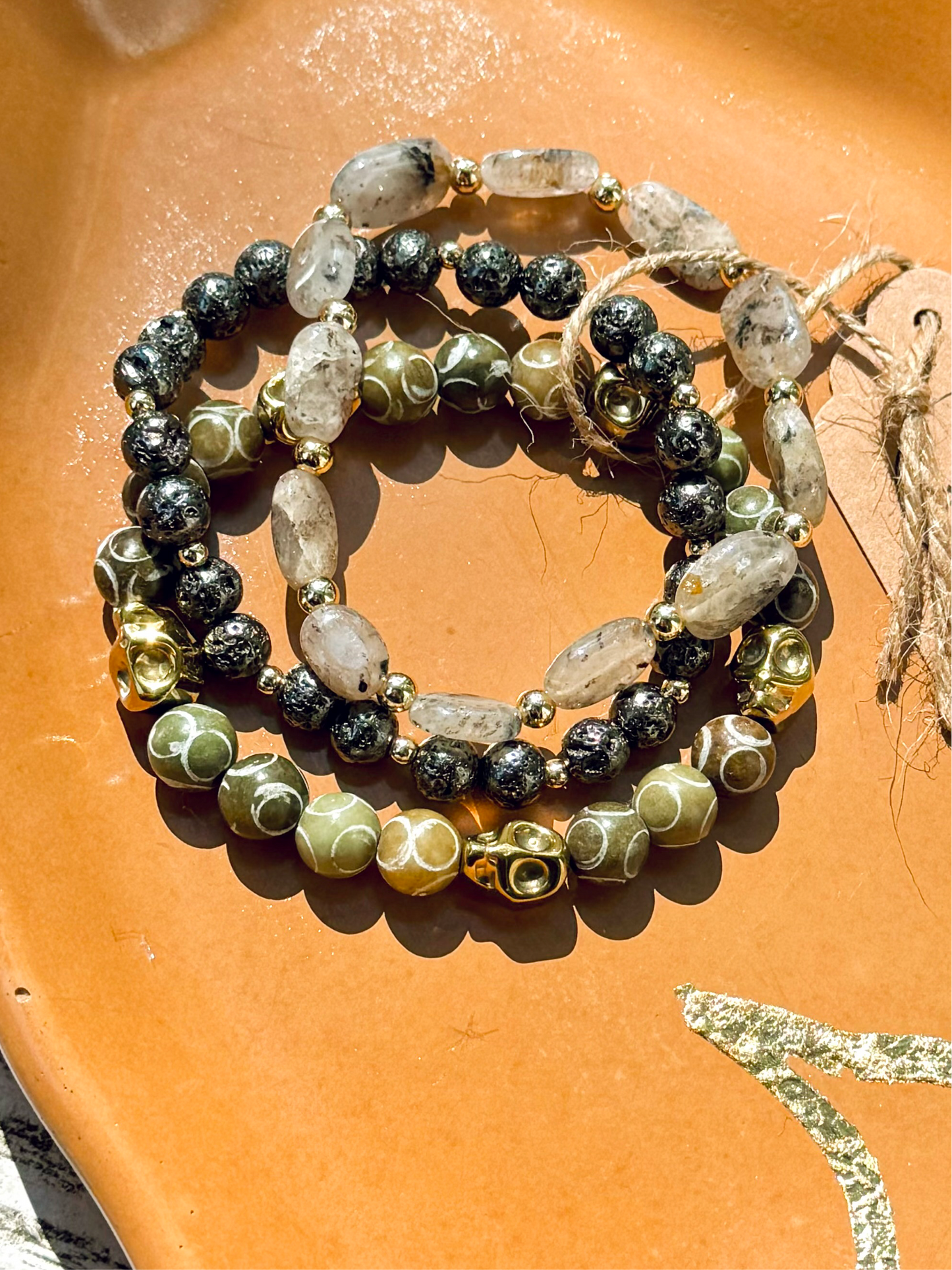 Green Tibetan Agate + Gold Skully Stack (3-stack)