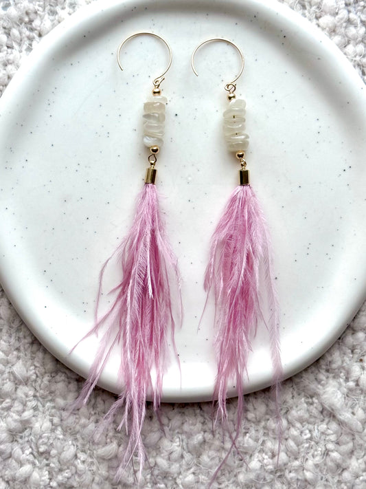 White Moonstone + Gold Pink Feather Earrings