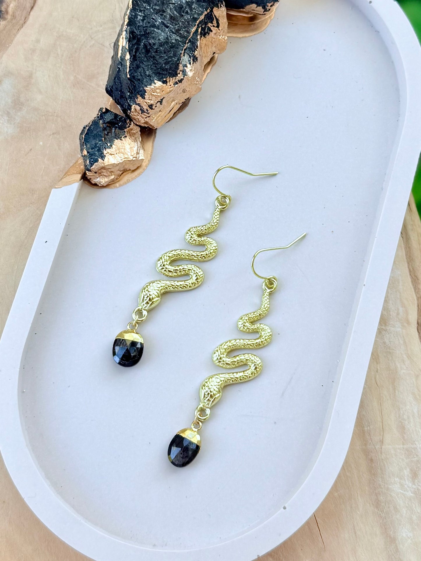 Hypersthene + Gold Snake Earrings