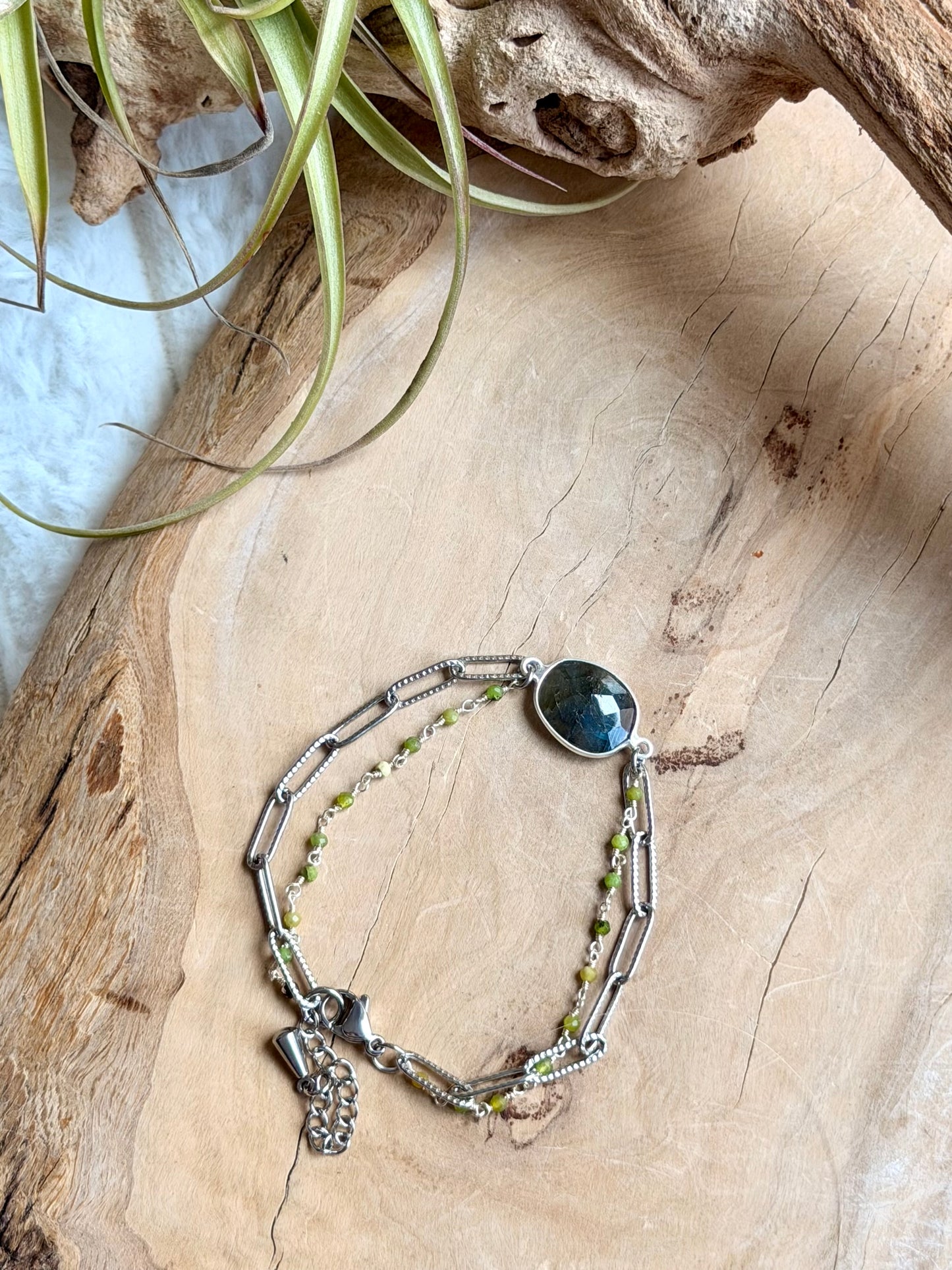 Labradorite + Green Opal Duet Bracelet in Stainless Steel