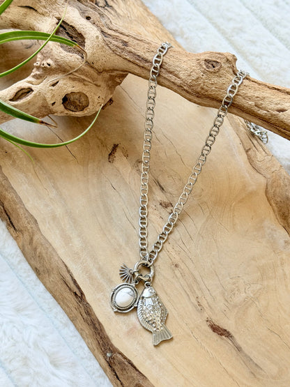 Howlite + Silver Fish Stainless Carabiner Charm Necklace