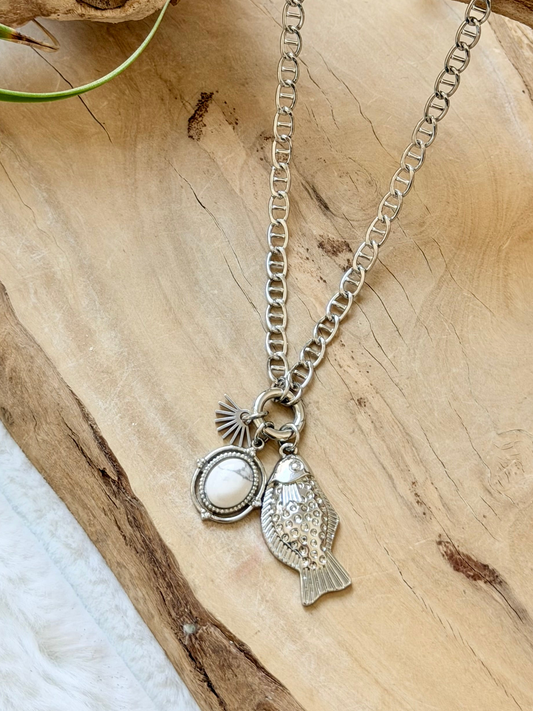 Howlite + Silver Fish Stainless Carabiner Charm Necklace