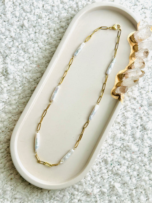 Freshwater Biwa Pearl + Gold Paperclip Chain Necklace