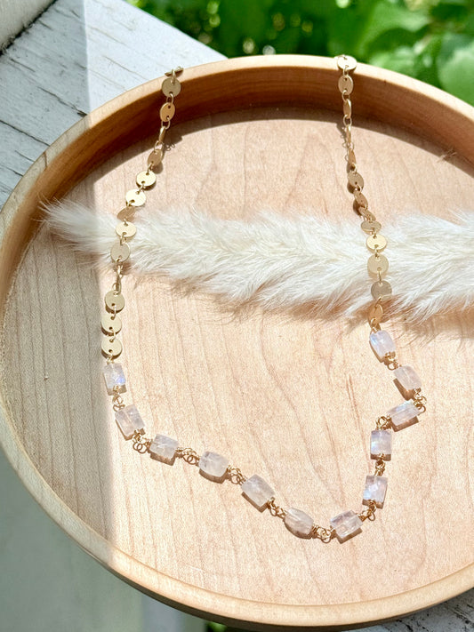 Rainbow Moonstone + Matte Gold Sequin Necklace