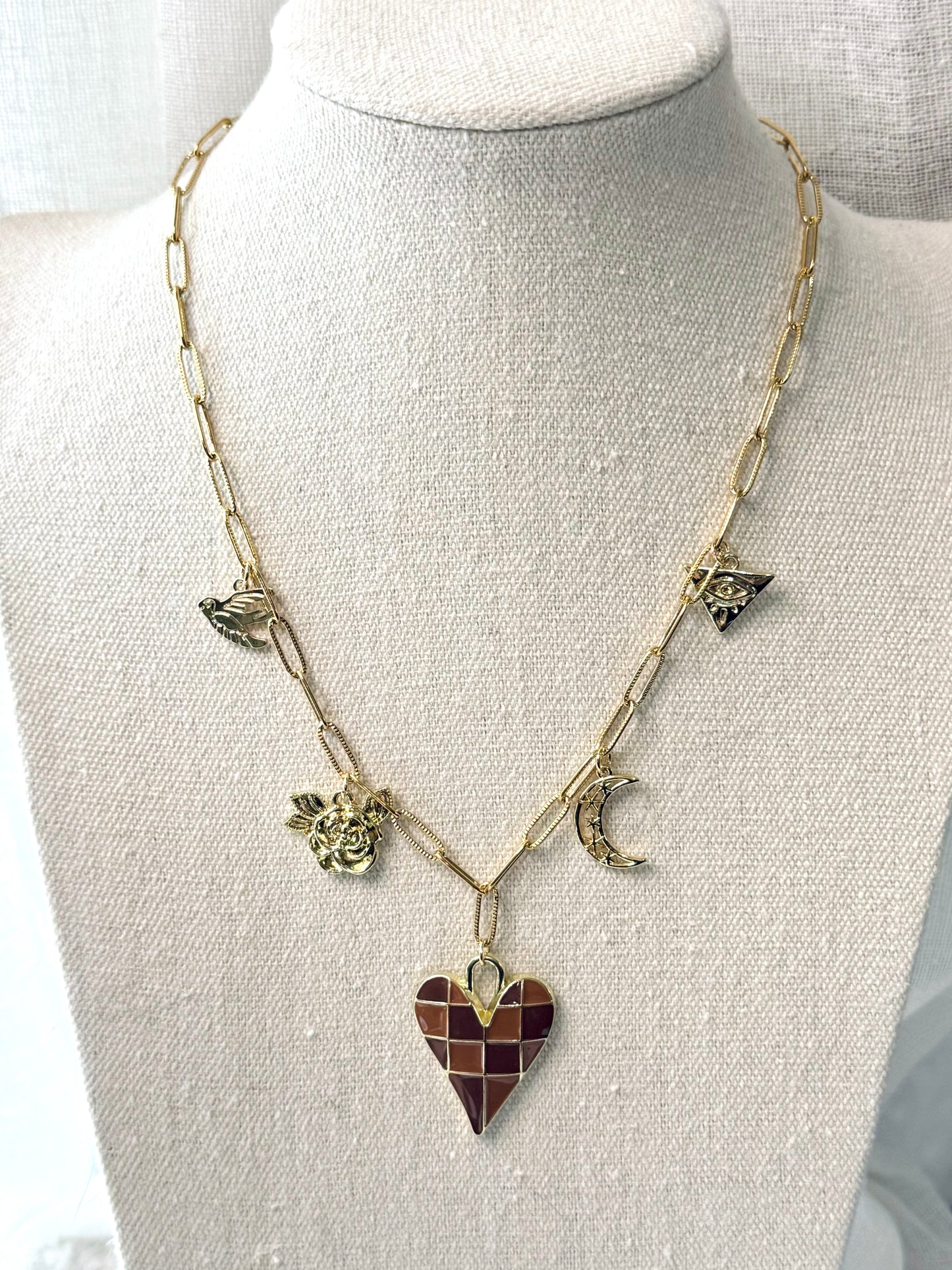 Brown + Tan Checkered Heart Charm Necklace