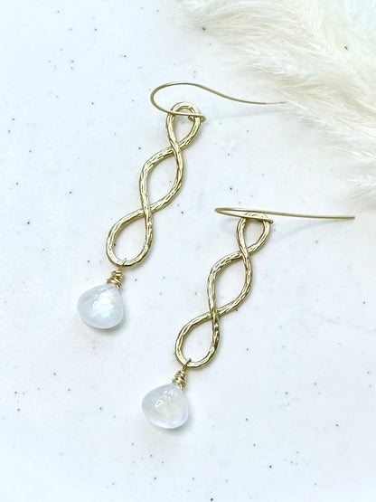 Rainbow Moonstone + Matte Gold Infinity Earrings