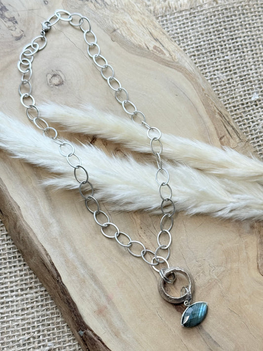 Labradorite Evil Eye + Antique Silver Necklace