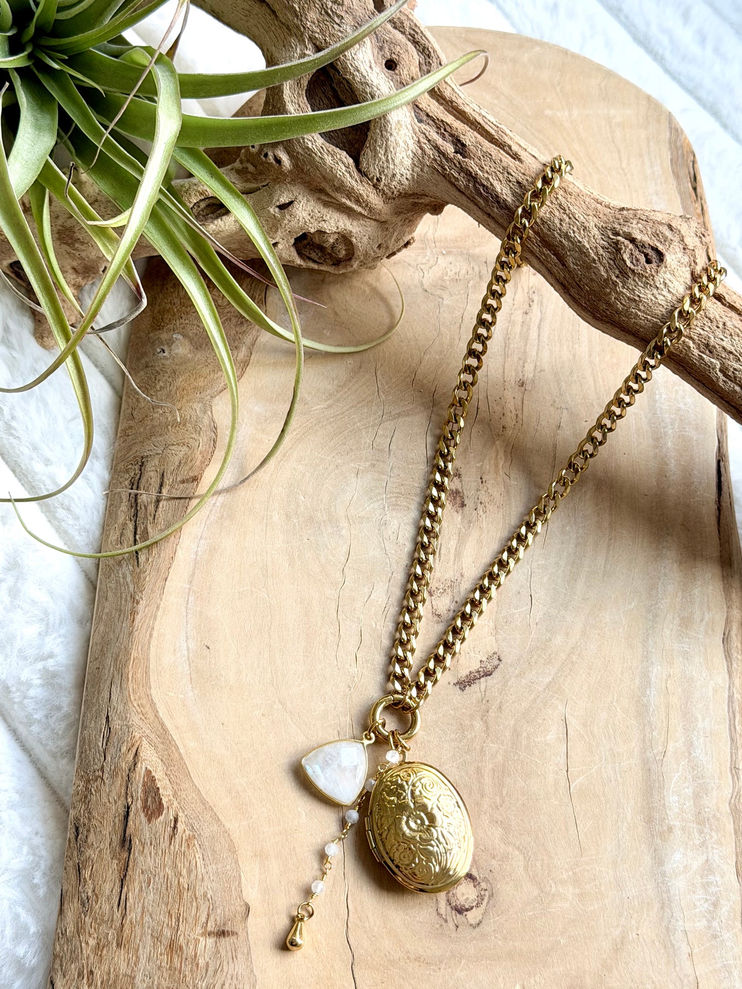 Rainbow Moonstone + Gold Stainless Steel Locket, Carabiner Charm Necklace