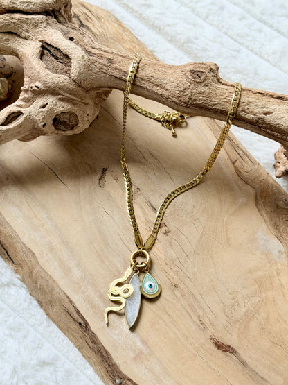 Moonstone + Gold Protection Carabiner Herringbone Necklace