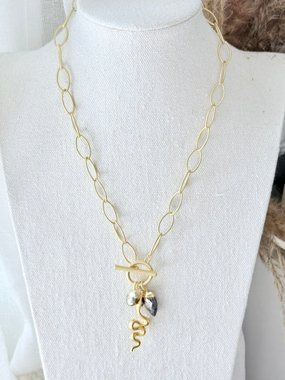 Hypersthene + Pyrite Matte Fold Snake Toggle Necklace