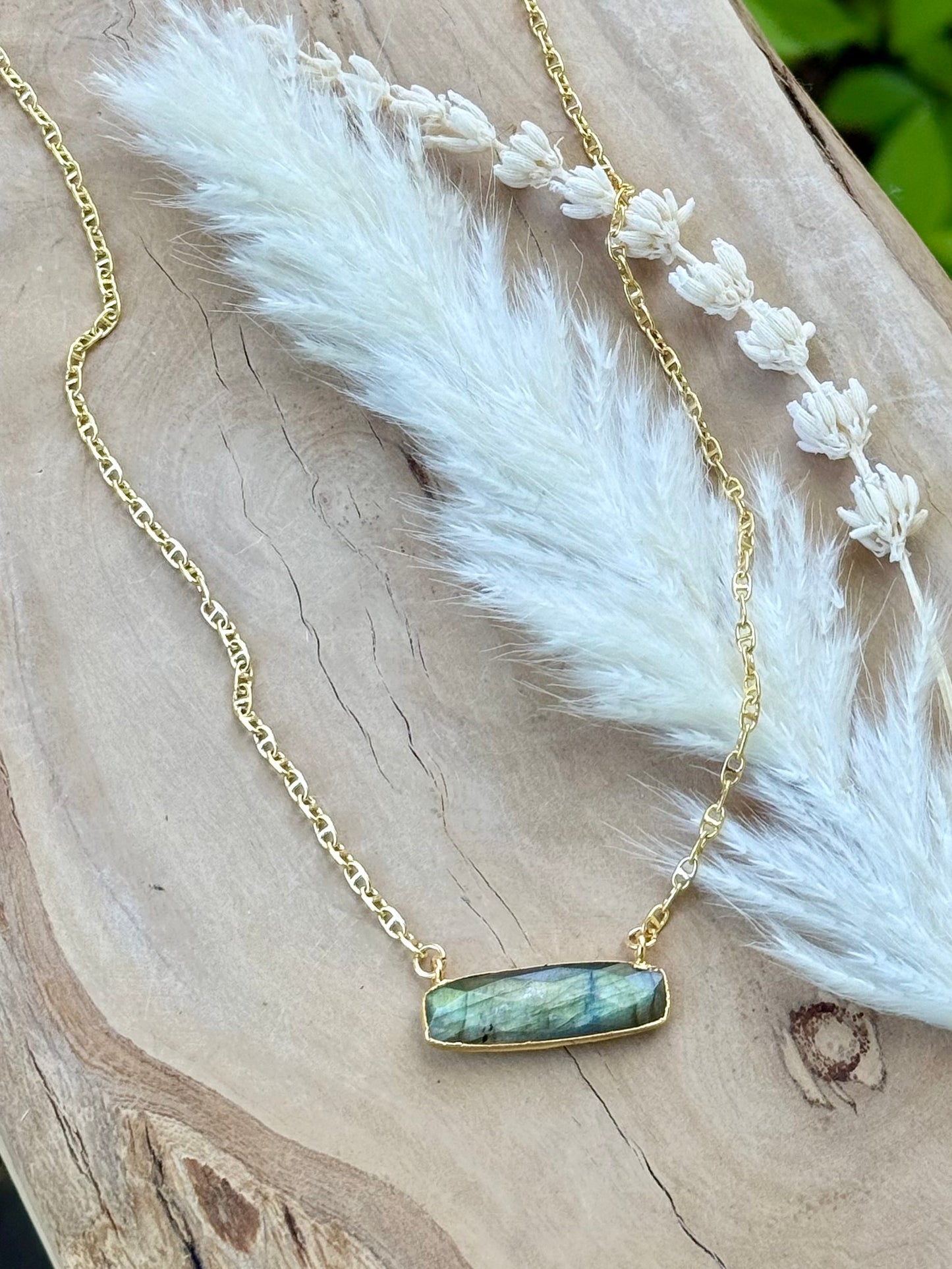 Labradorite + Gold Bar Pendant Necklace