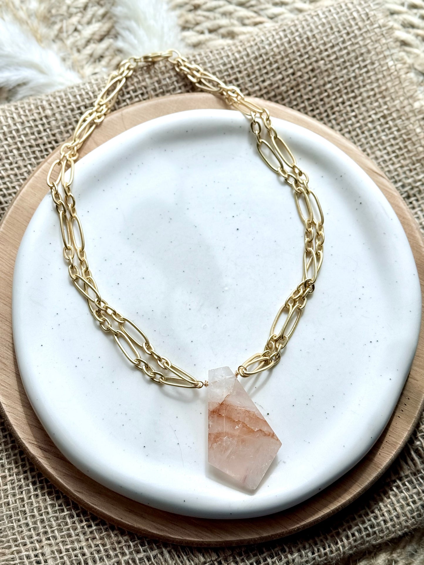 Brazilian Quartz + Matte Gold Double Chain Necklace
