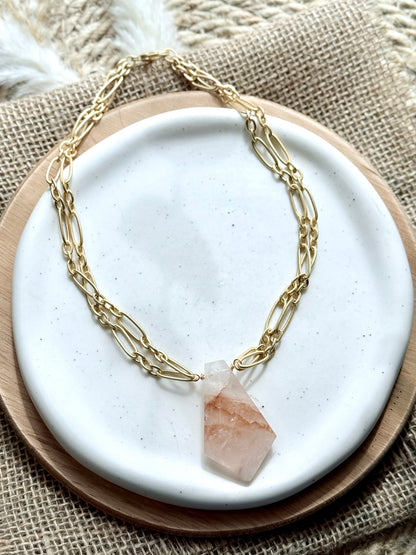 Brazilian Quartz + Matte Gold Double Chain Necklace